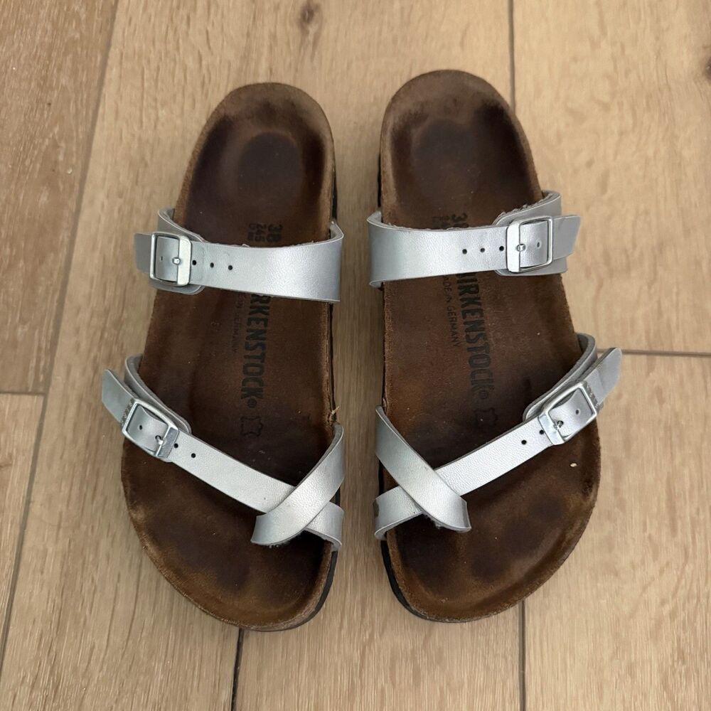 Birkenstock Women's Size 7 Mayari Silver Leather Birko-Flor Sandals EU 38